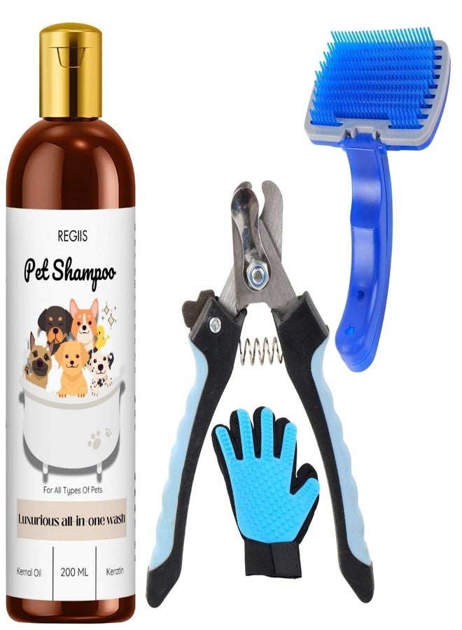 REGIIS Pet Grooming Kit, 4-Piece Set with Dog Shampoo 200ml, Nail Clipper, Self-Cleaning Slicker Brush, Deshedding Glove for All Pet Types(4 pack) - Image 1
